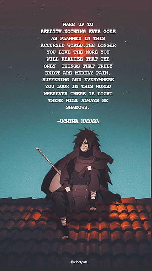 Madara Uchiha Sitting on a Rooftop at Night with a Quote About Reality and Suffering HD phone wallpaper