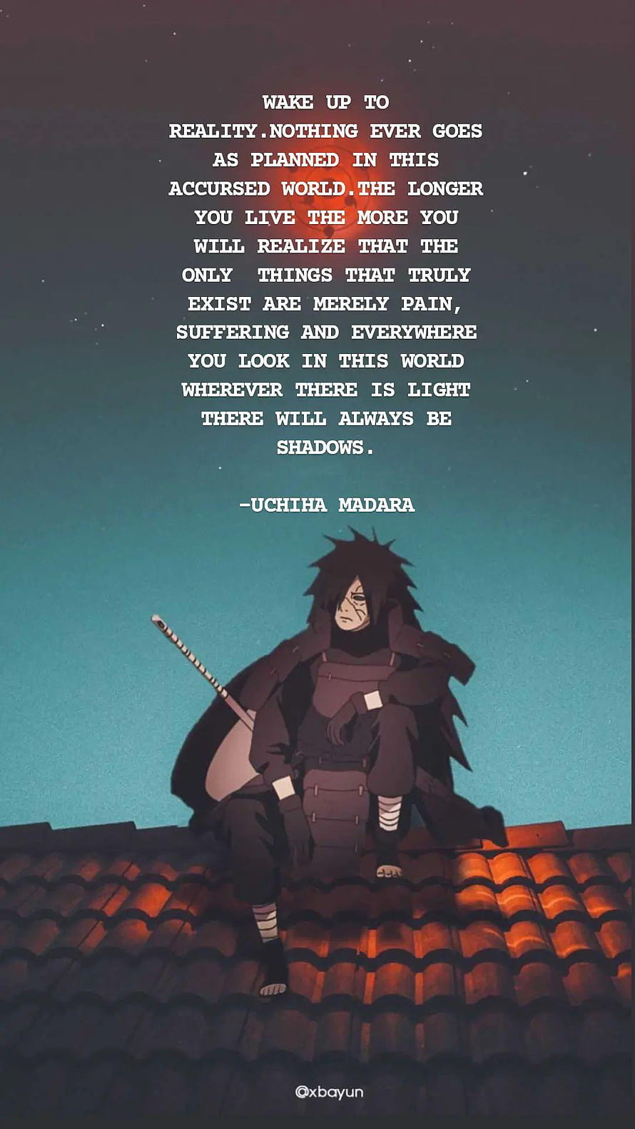 Madara Uchiha Sitting on a Rooftop at Night with a Quote About Reality and Suffering HD phone wallpaper