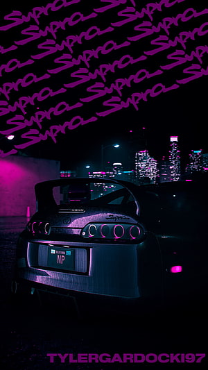 Rear View of a Toyota Supra in a Neon-Lit Night Cityscape with Purple and Cyan Lighting HD phone wallpaper
