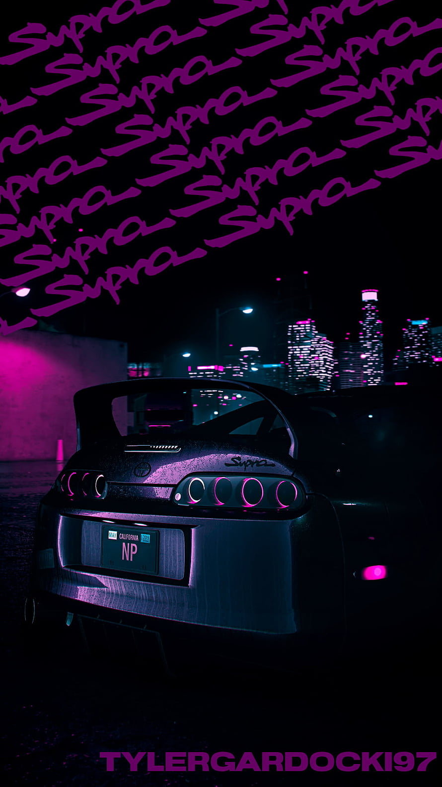 Rear View of a Toyota Supra in a Neon-Lit Night Cityscape with Purple and Cyan Lighting HD phone wallpaper