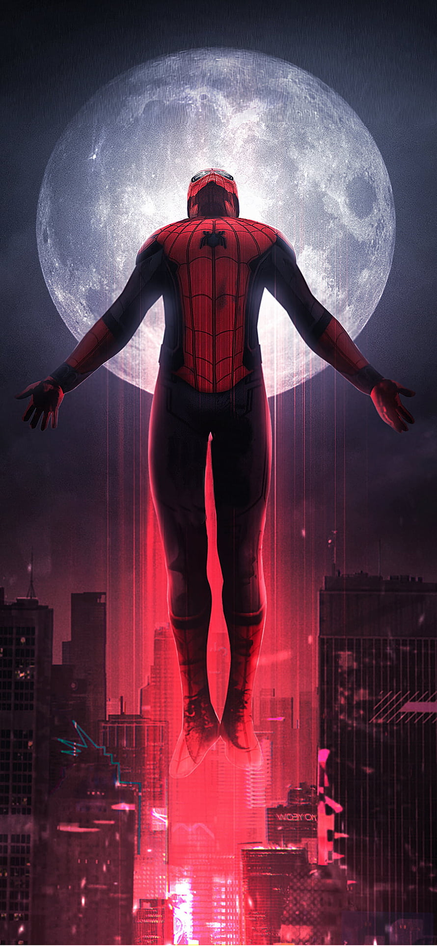Spider-Man Floating Above City Skyline With Full Moon And Red Glow HD phone wallpaper