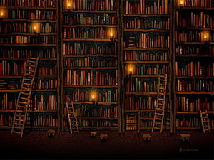 Cozy Candlelit Library Interior with Wooden Ladders and Stacked Books HD wallpaper