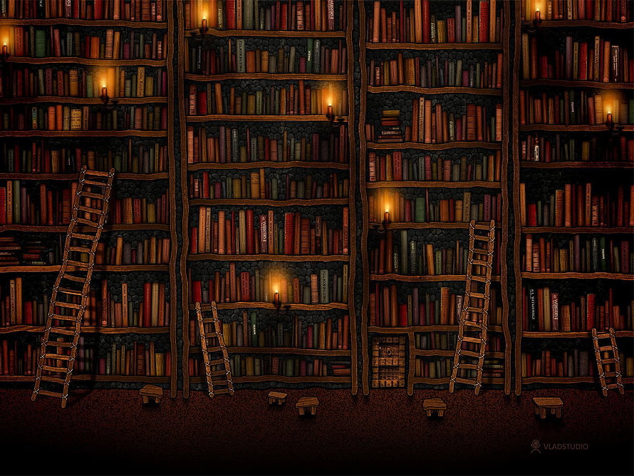Cozy Candlelit Library Interior with Wooden Ladders and Stacked Books HD wallpaper