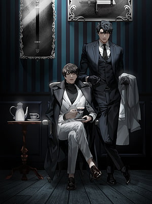Omniscient Reader's Viewpoint Kim Dokja and Yoo Jonghyuk in a moody study with tea service HD phone wallpaper