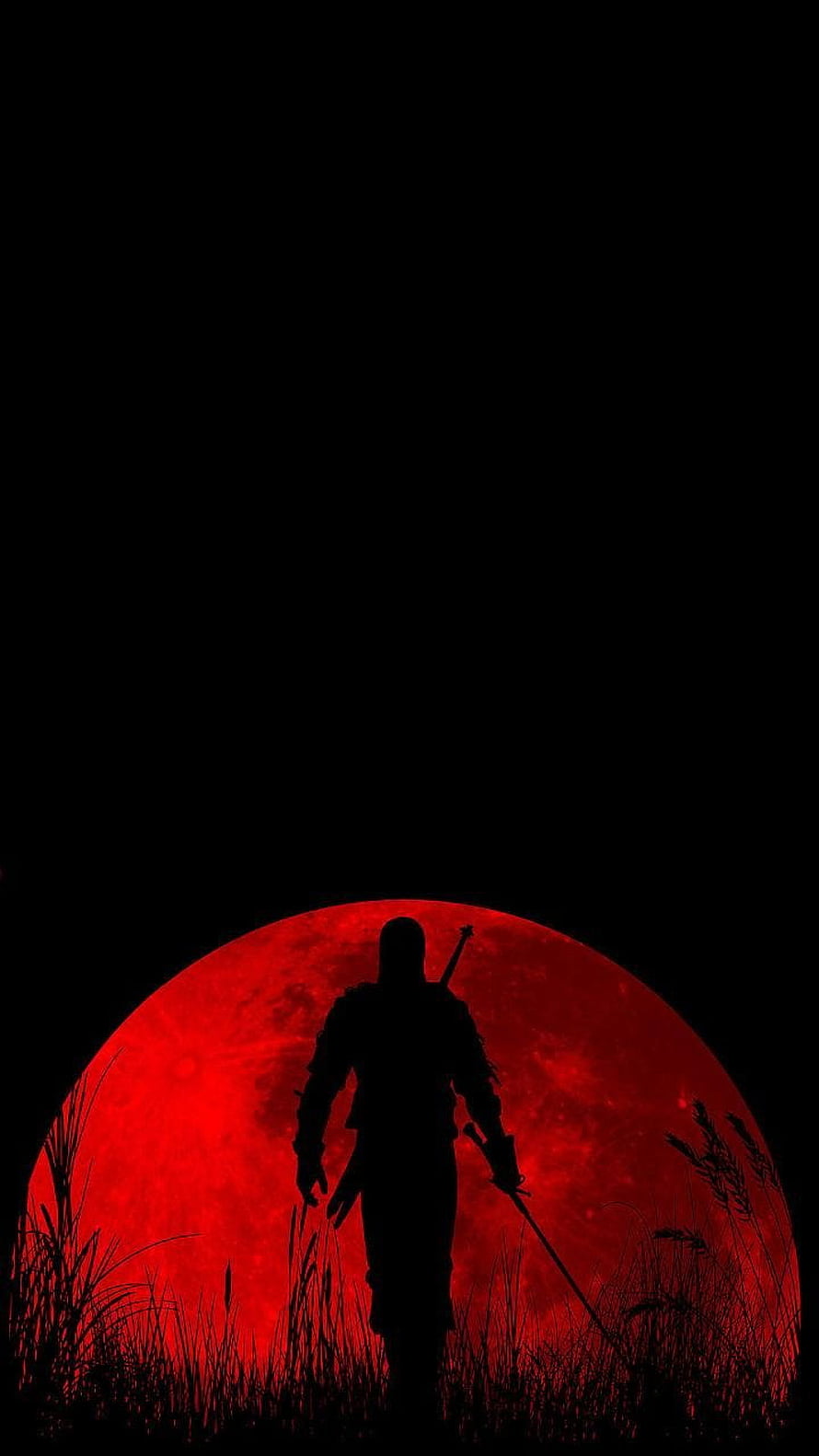 Silhouette of a warrior standing before a massive blood red moon in a dark field HD phone wallpaper