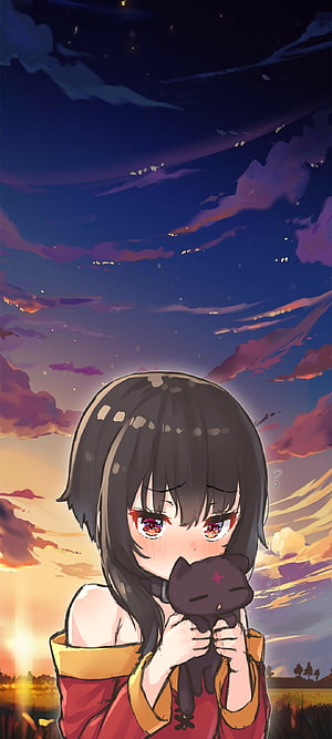 Megumin Holding Black Cat Plushie Against Vibrant Sunset Sky HD phone wallpaper