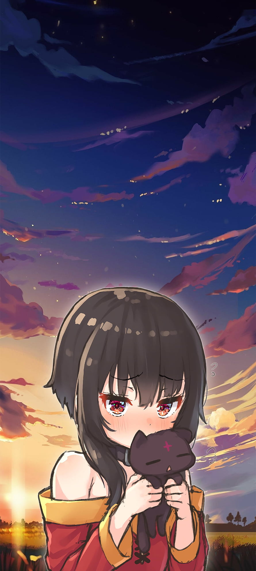 Megumin Holding Black Cat Plushie Against Vibrant Sunset Sky HD phone wallpaper