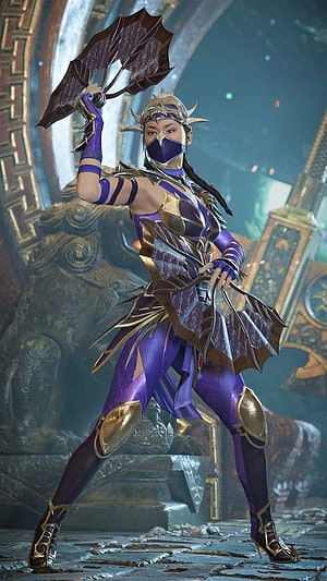 Kitana in purple and gold armor wielding a fan in a Mortal Kombat 11 cinematic scene HD phone wallpaper