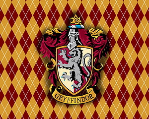 Gryffindor House Crest with Silver Lion and Heraldic Shield on Argyle Background HD wallpaper