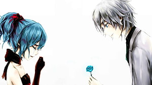 Emotional Anime Couple Illustration With Blue Rose And Dark Gloves HD wallpaper