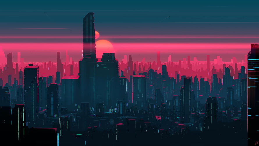 Neon Cyberpunk Cityscape at Dusk with Glitch Art Effects and Retro Sunset Skyline HD wallpaper