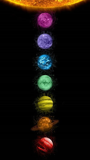 Seven Chakra Planets Aligned in a Vertical Cosmic Column Against a Black Space Background HD phone wallpaper