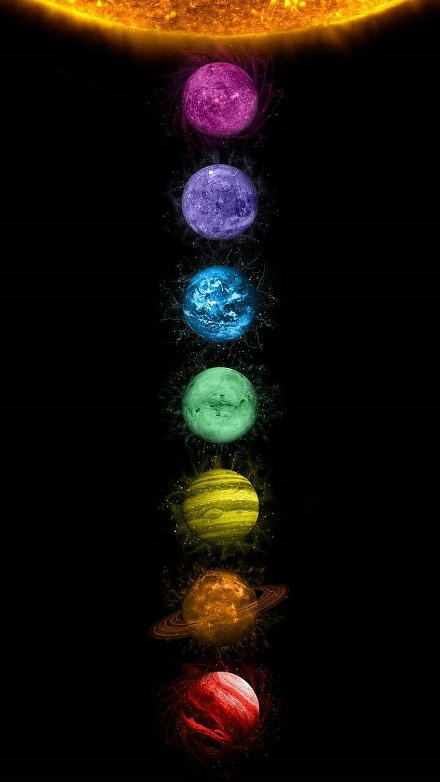 Seven Chakra Planets Aligned in a Vertical Cosmic Column Against a Black Space Background HD phone wallpaper