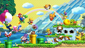 New Super Mario Bros U Deluxe Character Lineup with Rainbow and Ice Caves HD wallpaper