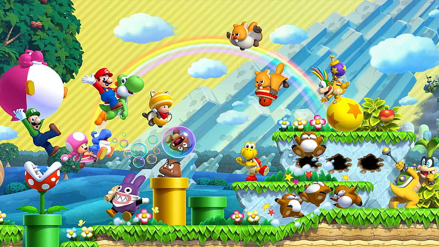 New Super Mario Bros U Deluxe Character Lineup with Rainbow and Ice Caves HD wallpaper
