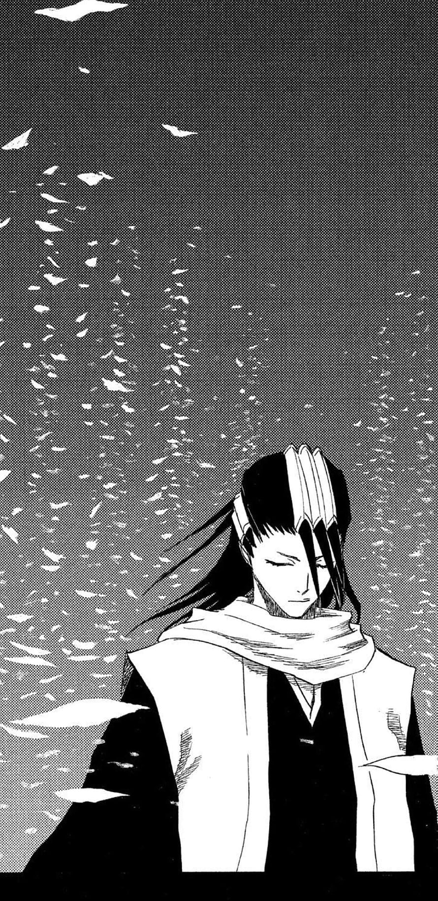 Bleach Manga Panel of a Character in a White Cape with Falling Petals HD phone wallpaper