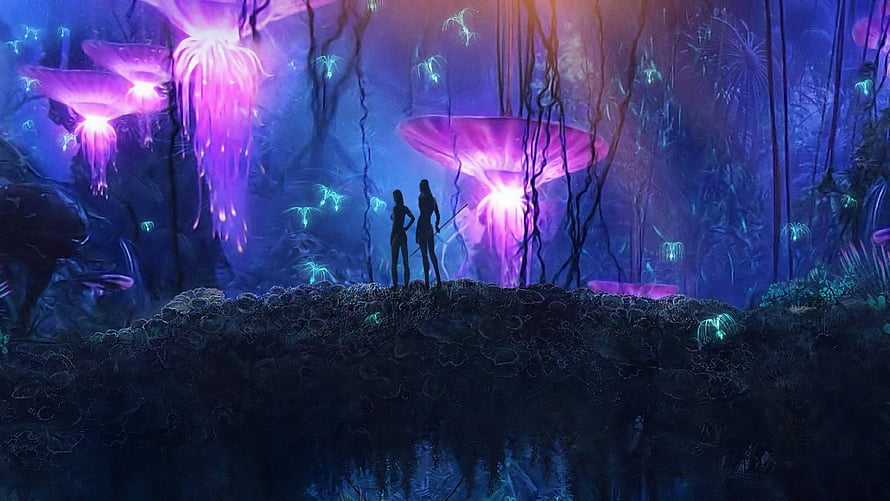 Avatar Pandora Bioluminescent Forest Scene with Silhouetted Figures HD wallpaper