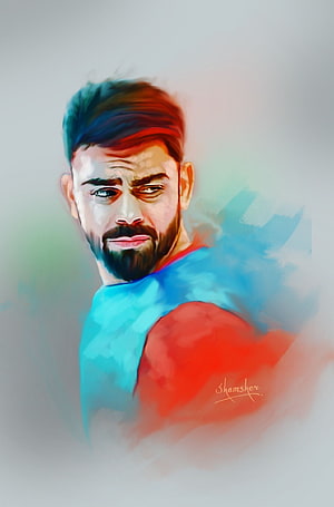 Virat Kohli Digital Painting Portrait in Vibrant Blue and Red Tones HD phone wallpaper