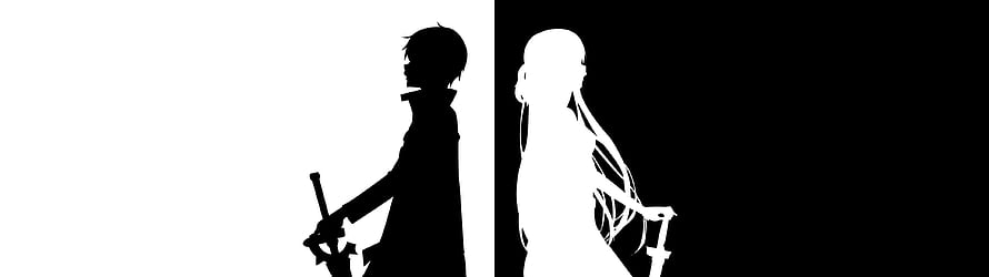 Sword Art Online Silhouette Artwork Featuring Kirito and Asuna in High Contrast Black and White HD wallpaper