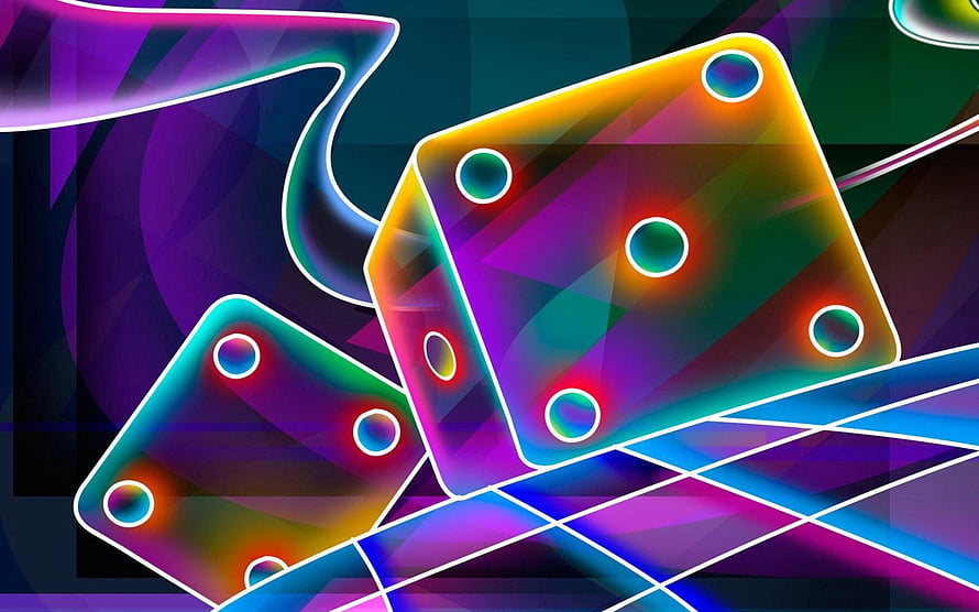 Vibrant Neon 3D Dice Floating in Abstract Geometric Space HD wallpaper