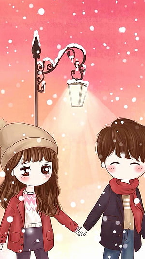Cute Cartoon Couple Holding Hands Under a Snowy Street Lamp in Winter HD phone wallpaper