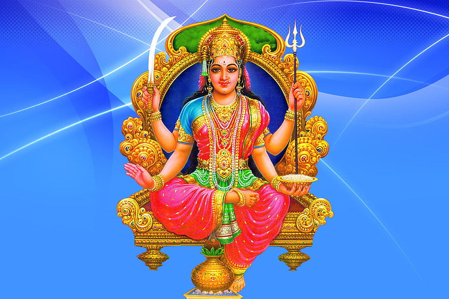 Santoshi Mata Seated on Golden Throne Holding Trident and Sword in Traditional Indian Art HD wallpaper