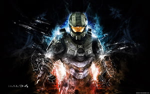 Halo 4 Master Chief in Recharge Armor with Glowing Visor and HUD Elements HD wallpaper