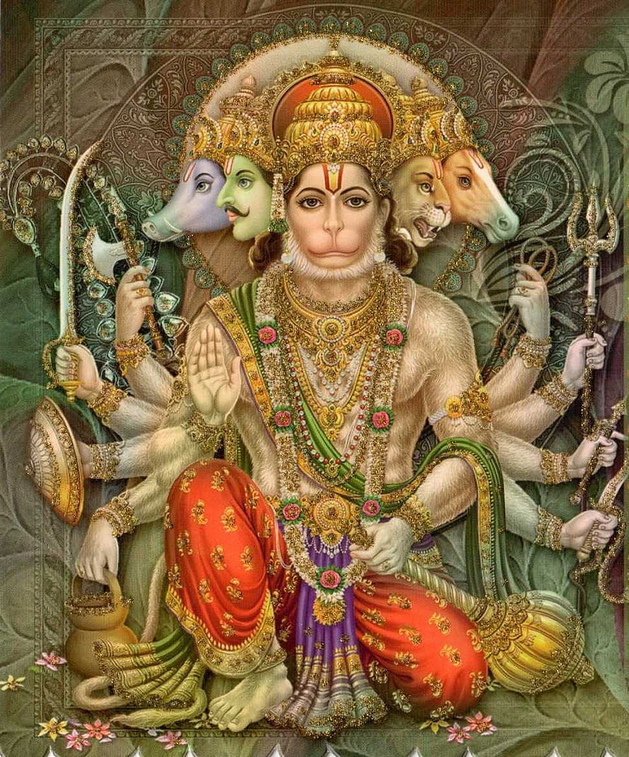 Panchamukha Hanuman Devotional Artwork with Five Faces and Multiple Arms HD phone wallpaper