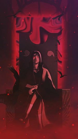 Itachi Uchiha in Akatsuki Robe with Sharingan Eyes in Dark Red Fantasy Setting HD phone wallpaper