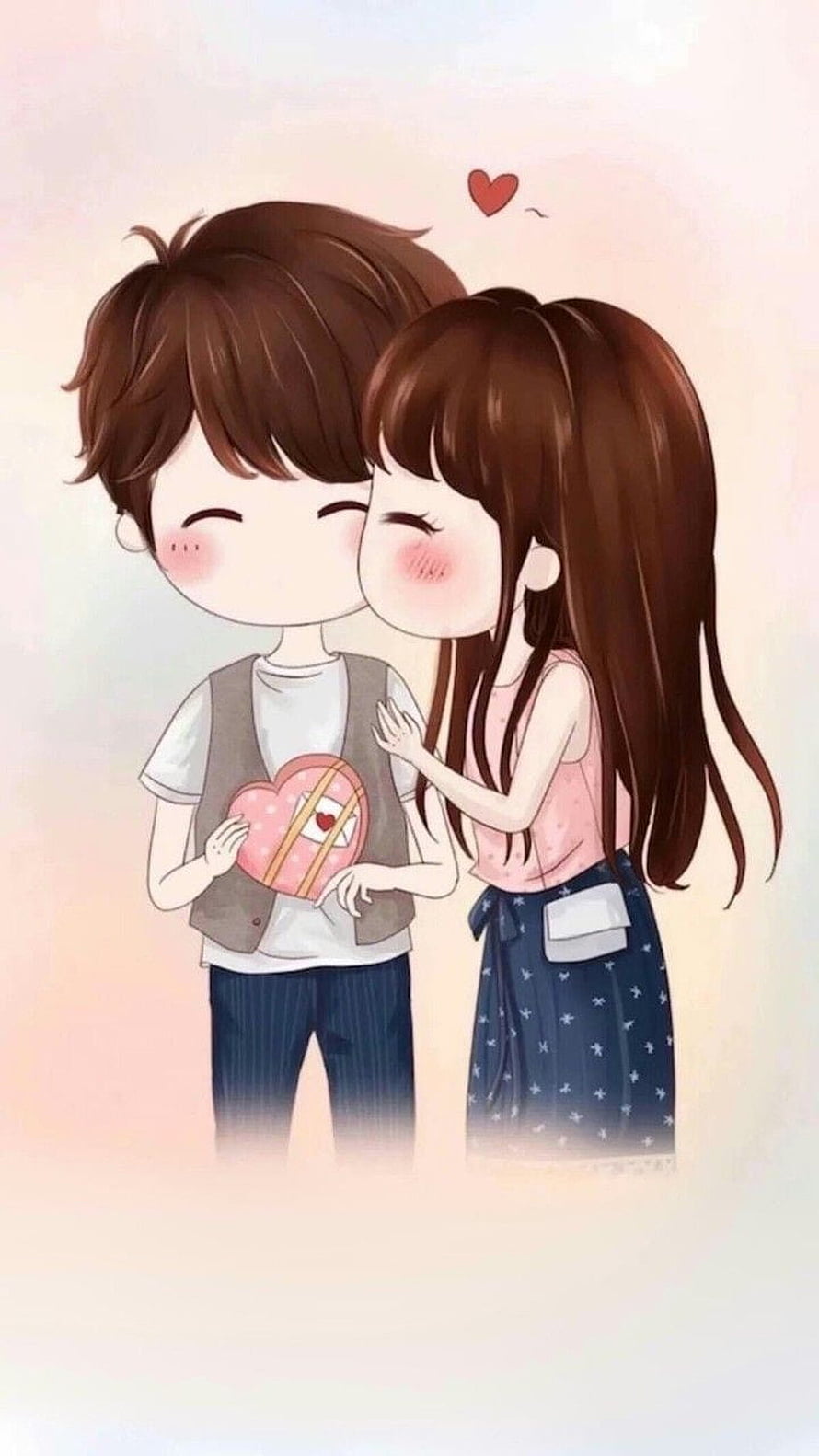 Cute Kawaii Couple Illustration with Heart Gift and Soft Pastel Background HD phone wallpaper