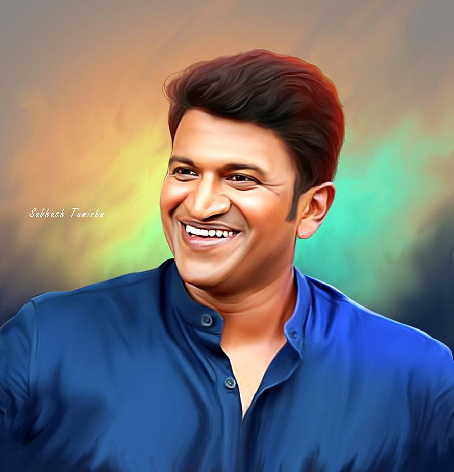 Puneeth Rajkumar smiling portrait in a blue shirt with a colorful gradient background HD phone wallpaper