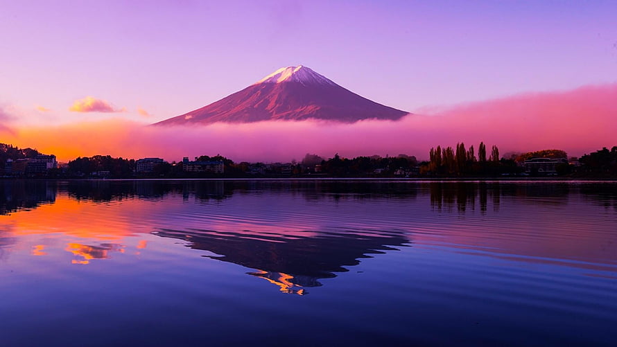Mount Fuji at Sunset with Lake Reflection and Vibrant Purple Sky HD wallpaper