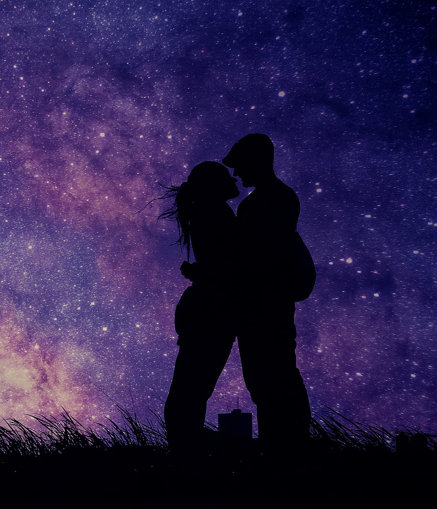 Romantic Couple Silhouette Under a Starry Purple Night Sky HD phone wallpaper