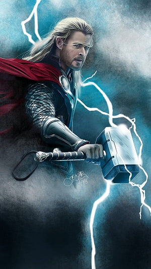 Thor Wielding Mjolnir Amidst Electric Storms in Dramatic Cinematic Art HD phone wallpaper