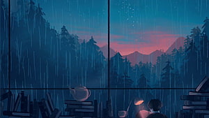 Cozy Rainy Night Reading Scene with Teapot and Books by Window HD wallpaper