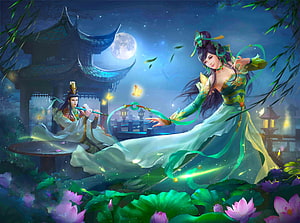 Elegant Chinese Woman in Green Hanfu Dancing Under Moonlight with Lotus Pond HD wallpaper