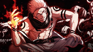 Ryomen Sukuna Anime Character with Flame and Dark Aura HD wallpaper