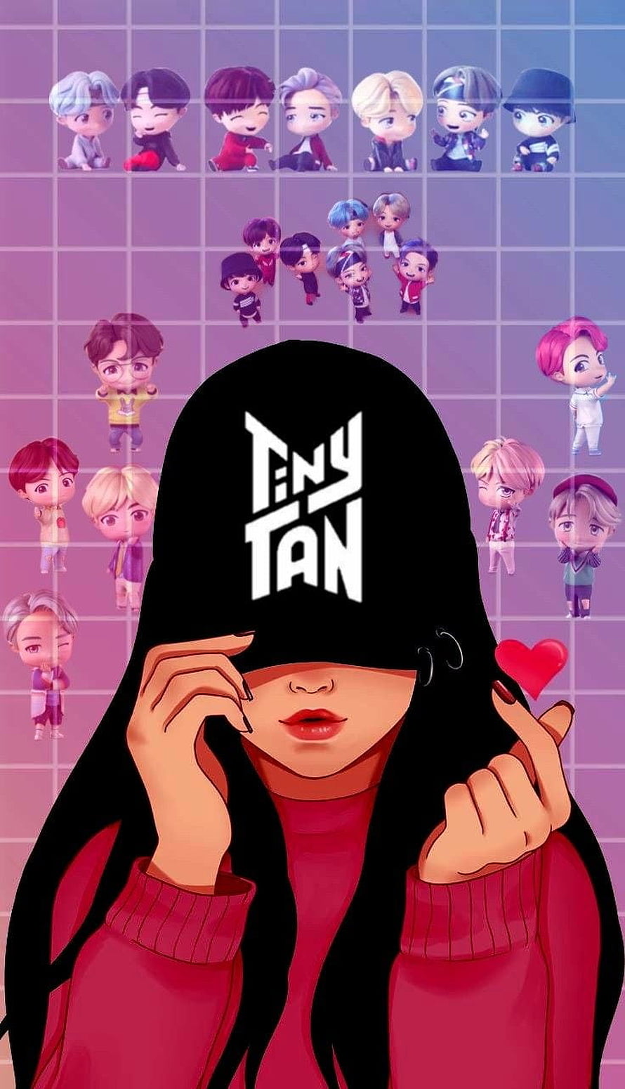 Tiny Tan BTS Army Girl Illustration with Chibi Characters on Purple Grid Background HD phone wallpaper