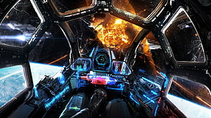 First-Person View of a Spaceship Cockpit During a Space Battle with Explosions HD wallpaper