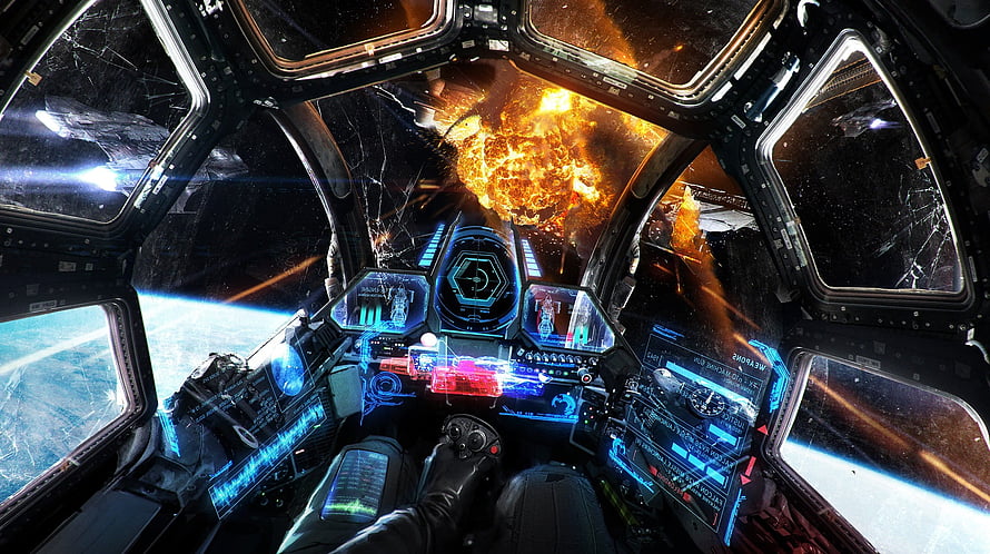 First-Person View of a Spaceship Cockpit During a Space Battle with Explosions HD wallpaper