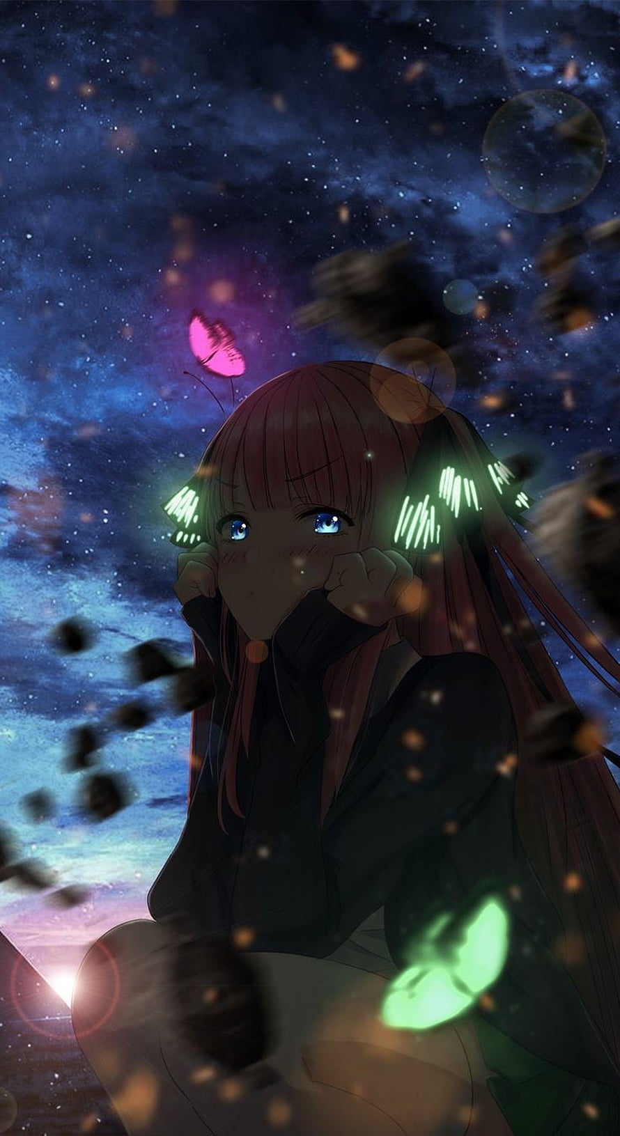Nino Nakano Anime Girl with Glowing Hair Clips Under a Starry Night Sky HD phone wallpaper