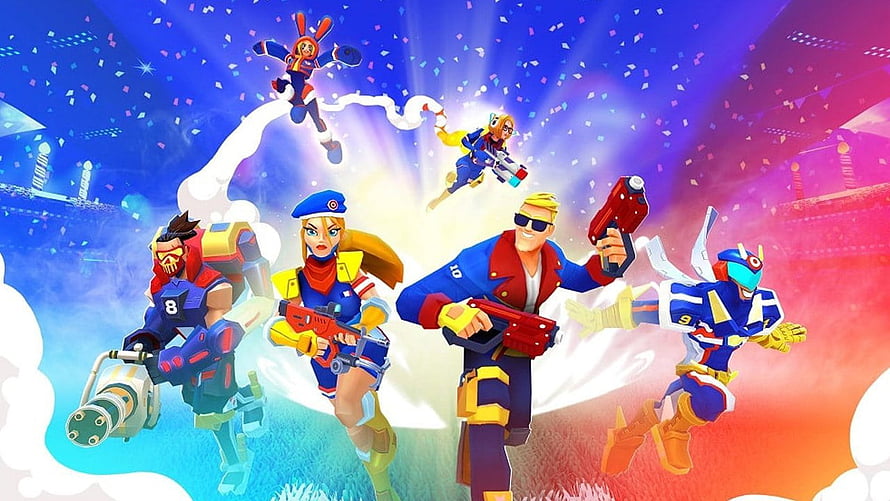 FRAG Pro Shooter Team of Six Characters in Vibrant Action Pose HD wallpaper