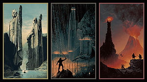 Lord of the Rings Trilogy Poster Art Featuring Statues, Fortress, and Volcano HD wallpaper