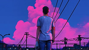 Skater Aesthetic Illustration of a Man Holding a Skateboard Under a Vibrant Pink and Blue Sky HD wallpaper