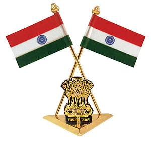 Crossed Indian National Flags with Ashoka Lion Capital Emblem on Gold Stand HD wallpaper
