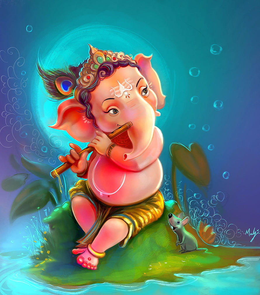 Cute Baby Ganesha Playing Flute with Mouse Companion in Vibrant Digital Art HD phone wallpaper