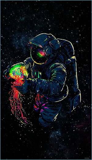 Astronaut Holding a Glowing Jellyfish in Deep Space with Vibrant Neon Colors HD phone wallpaper
