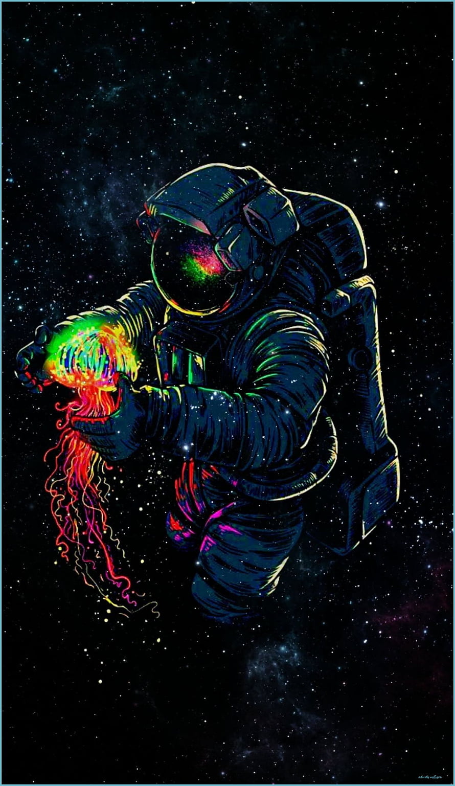 Astronaut Holding a Glowing Jellyfish in Deep Space with Vibrant Neon Colors HD phone wallpaper