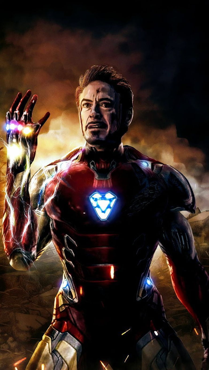 Iron Man Wielding Infinity Gauntlet in Dramatic Cinematic Battle Scene HD phone wallpaper