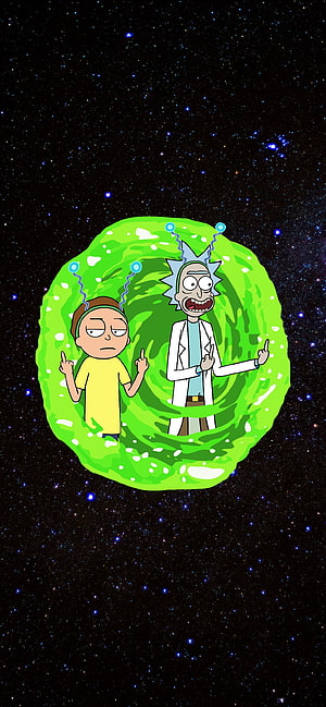 Rick and Morty Cartoon Characters Inside a Green Portal Against a Starry Space Background HD phone wallpaper